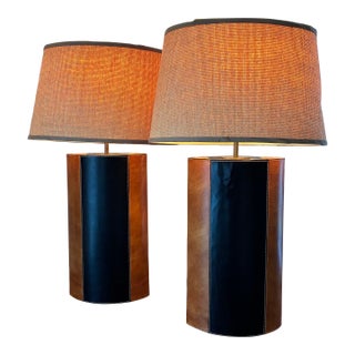 Pair Mid Century Modern Stitched Two Tone Leather Wrapped Table Lamps For Sale