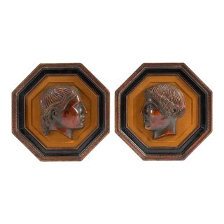 Mid 20th Century Octagonal Framed 'Pompeiian Red' Pottery Roman Medallions - a Pair For Sale