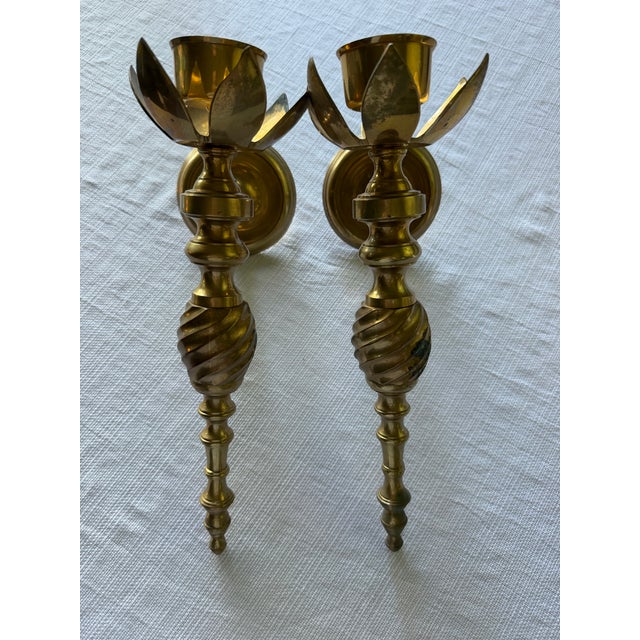 Vintage Solid Brass Lotus Flower Wall Sconces — Pair For Sale - Image 4 of 8