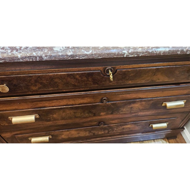 Antique 19th Century French Louis Philippe Burled Walnut Commode | Marble Top For Sale - Image 4 of 15