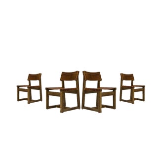 Biosca Chairs in Pine and Cognac Saddle Leather, Spain, 1960s, Set of 4 For Sale