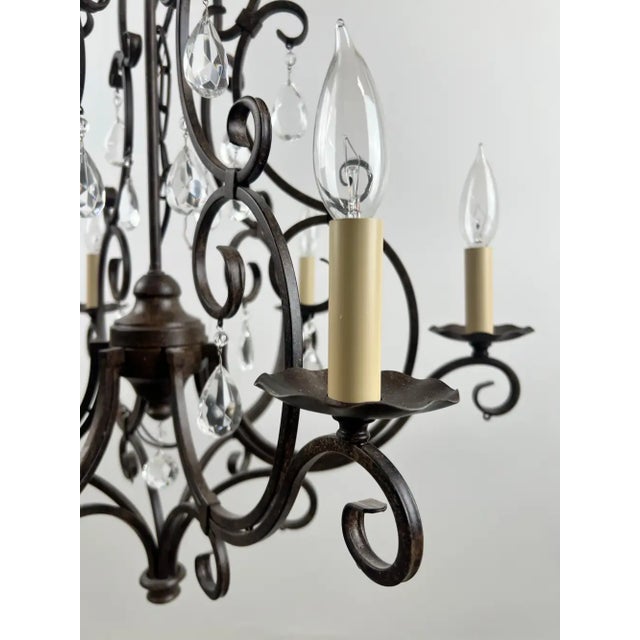Metal Late 20th Century French Art Nouveau Style Metal & Crystal 6 Light Scroll Chandelier For Sale - Image 7 of 11