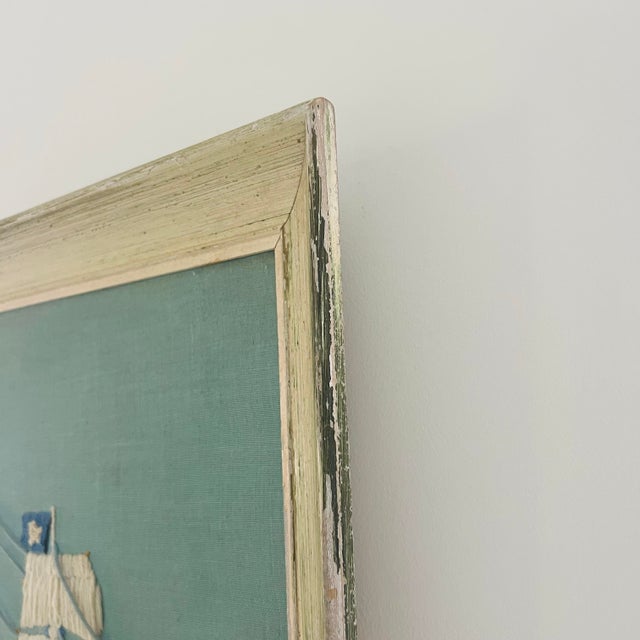 Large 1970s Nautical Crewel Embroidery Clipper Ship “Nantucket Whaler” — Period Execution of Erica Wilson Design, Framed American Folk Art For Sale - Image 9 of 12