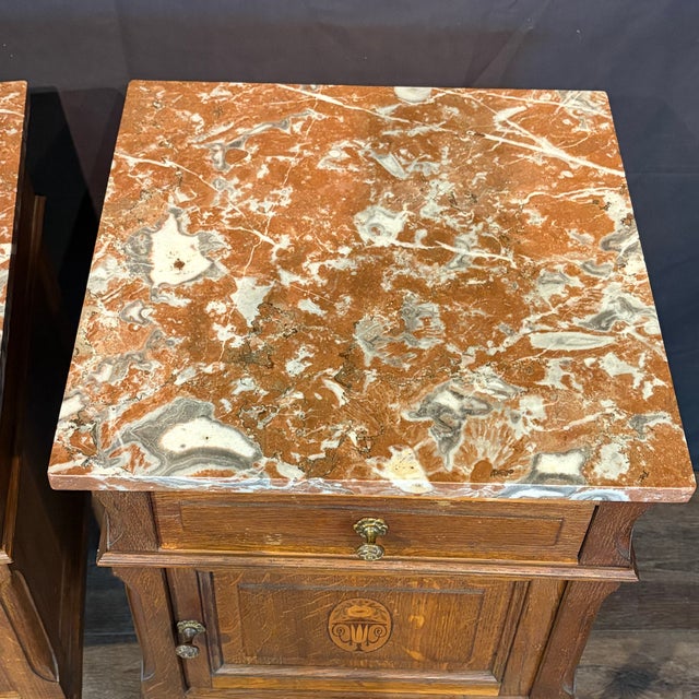 French French Louis XVI Revival Oak Marble Top Night Stands -a Pair For Sale - Image 3 of 12
