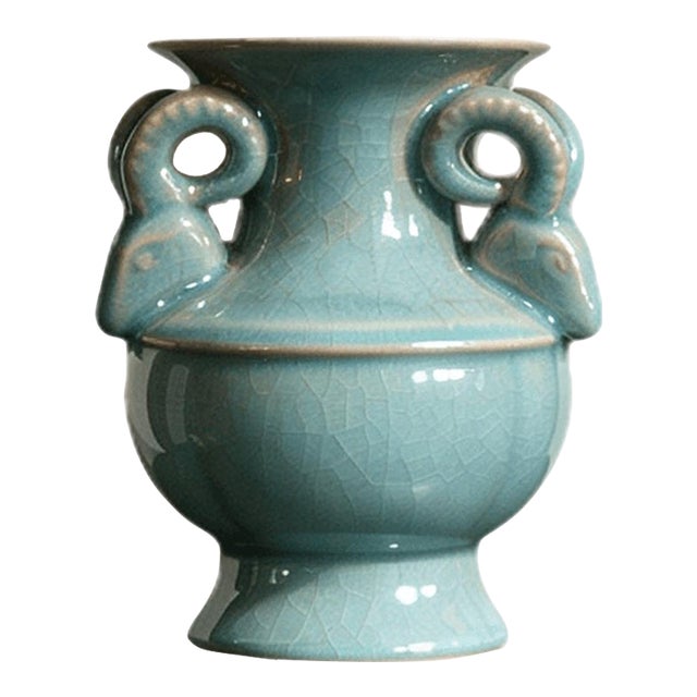 Chinese Ceramic Vase,Ru Ware Celadon Glaze Porcelain Vase Hand Carved Four Goat Head Statue For Sale