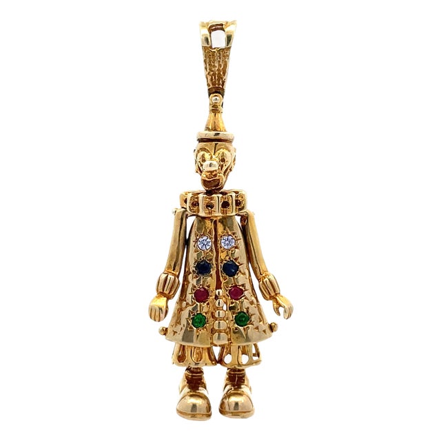 Vintage Multi Gem Inlaid Movable Clown Pendant/Charm For Sale