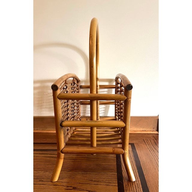 Traditional Vintage Rattan & Bamboo Magazine Rack With Curved Handle For Sale - Image 3 of 15