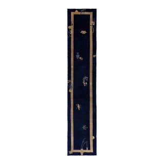 1920s Navy Blue Floral Vase Antique Chinese Peking Carpet 2' 4'' X 11' 7" Knotted Wool Rug Runner For Sale