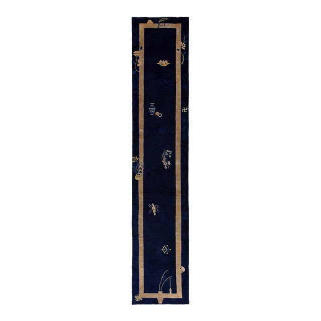 1920s Navy Blue Floral Vase Antique Chinese Peking Carpet 2' 4'' X 11' 7" Knotted Wool Rug Runner For Sale