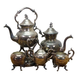 Vintage Birmingham Silver Co Plated Tea Set Tilting Kettle Sugar Creamer - 5 Pieces For Sale