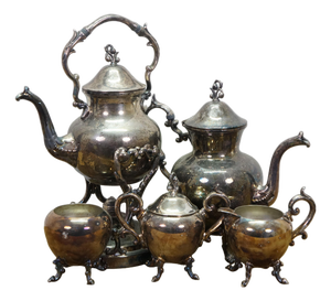 Vintage Birmingham Silver Co Plated Tea Set Tilting Kettle Sugar Creamer - 5 Pieces