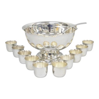 Vintage Sheridan Mid Century Modern Silver Plated Punch Bowl Set W/ 10 Cups For Sale