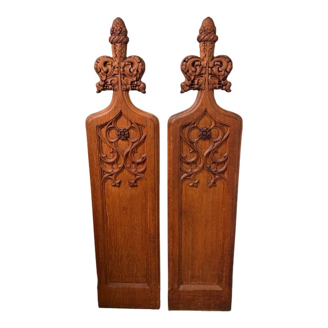 19th Century Gothic Revival Hand Carved Oak Church Pew End Panels - A Pair For Sale