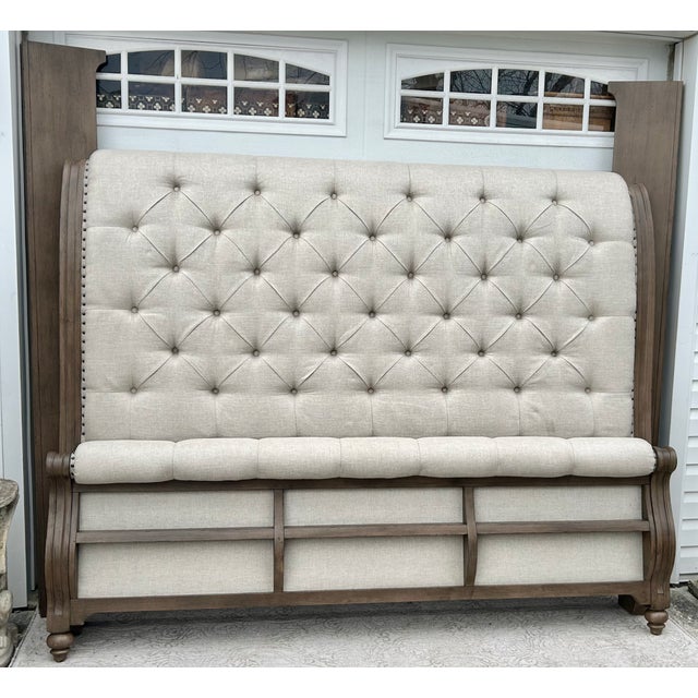 Wood King Sleigh Bed Vintage Transitional Style Tufted Upholstered Linen Taupe For Sale - Image 9 of 15