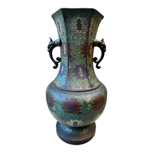 Antique Large Ming Dynasty Bronze Cloisonne Vase With Dragon Handles