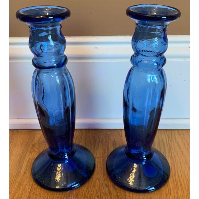 1990s Vintage Spanish Blue Glass Candlesticks, Set of 2 For Sale - Image 4 of 9