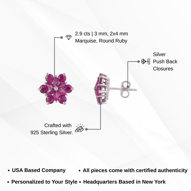 Ruby Red 2.9 TCW Natural Ruby Rosette Flower Stud Earrings - Birthday Gift, a Pair For Sale - Image 8 of 10