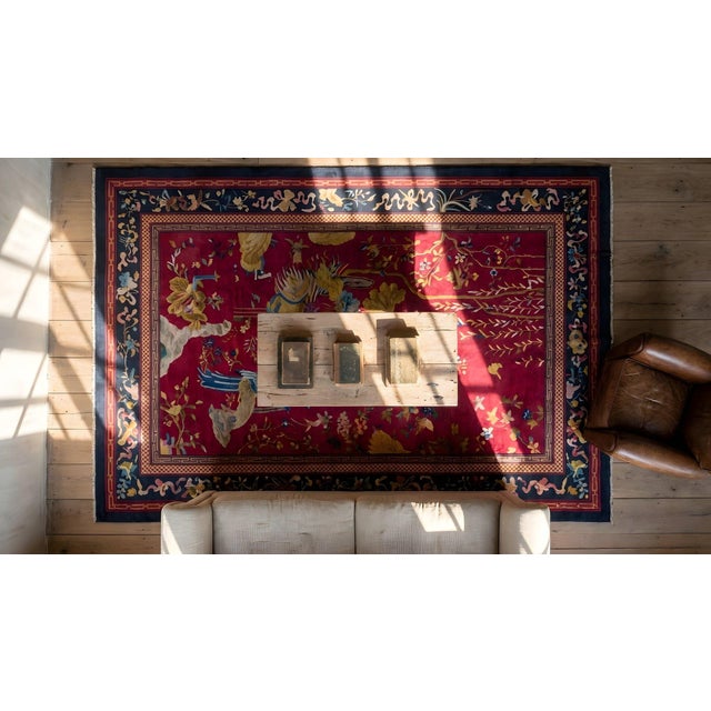 1920s Ruby Red Scene Floral Antique Chinese Art Deco Carpet 9' X 14' Knotted Wool Rug For Sale - Image 10 of 12