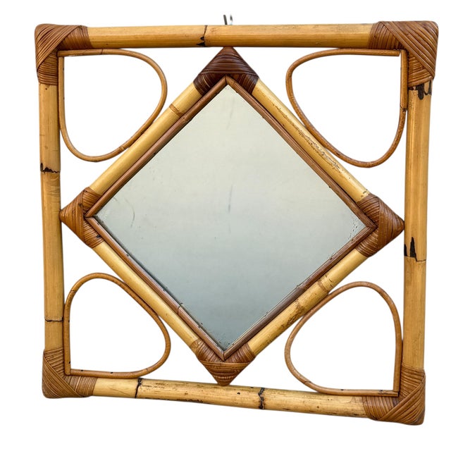 1960s Vintage French Rattan Mirror, 1970s For Sale - Image 5 of 11