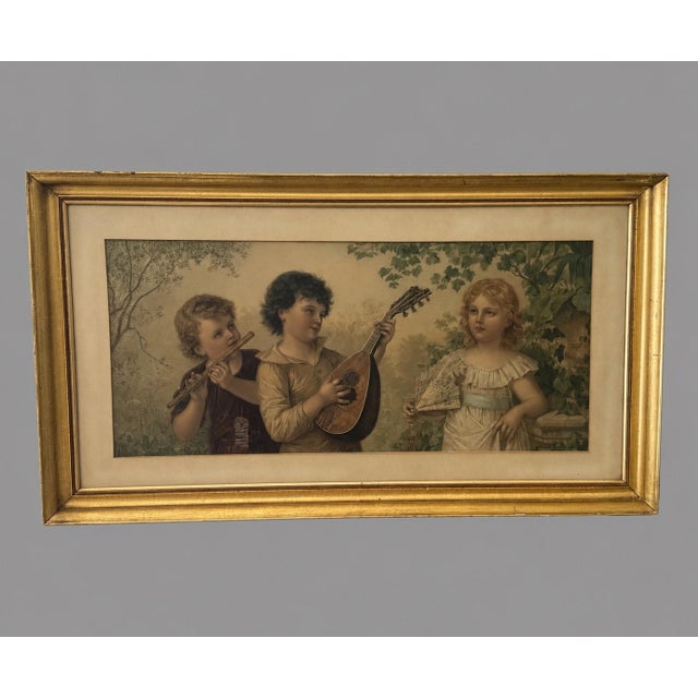 Victorian Antique Victorian Framed Chromolithograph Children Music Flute Mandolin Serenade Print F. Lefler For Sale - Image 3 of 7