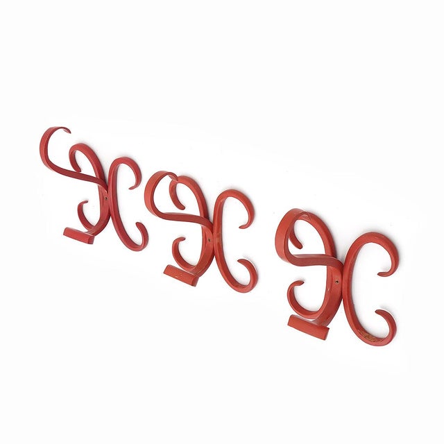 1960s Red Curved Wood Coat Hooks, 1960s, Set of 3 For Sale - Image 5 of 14