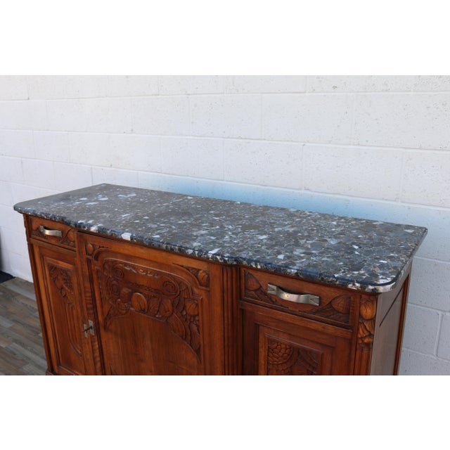 Antique French Art Deco Marble Top Sideboard Buffet Cabinet | Carved Solid Wood Bar Cabinet | Circa 1920s For Sale - Image 16 of 18