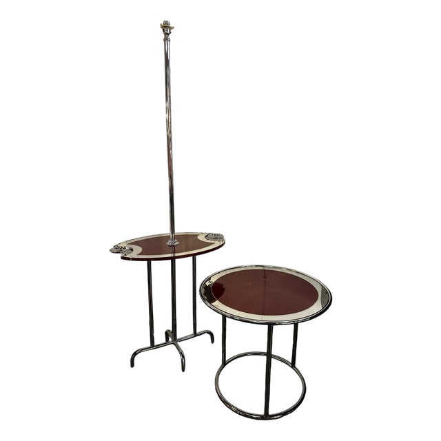 Art Deco Mirrored Chrome and Burgendy Drinks Table and Floor Lamp, 1930, Set of 2 For Sale