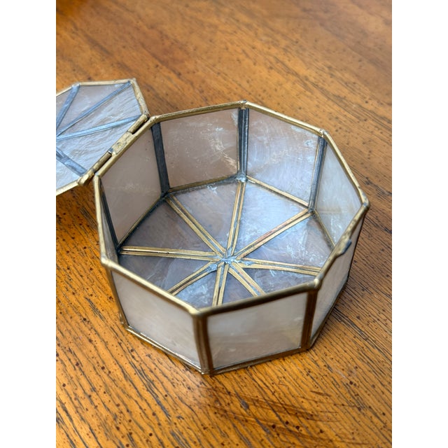 Brass Vintage Shell Type Material Trinket Box With Brass Trim - Octagon Shape For Sale - Image 8 of 9