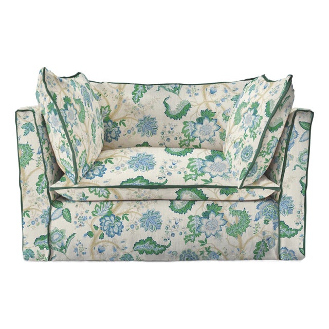 Sophie Conran Coco Loveseat with Knife Edge Cushion in Kitty Blue Green with Velvet Trim For Sale