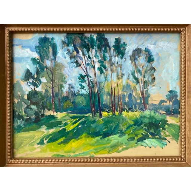 Bold swaths of brilliant greens undulate across this oil on board, giving the impression of sunlight streaming through a...