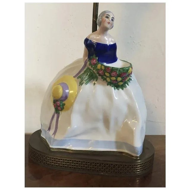 Ceramic French Art Deco 1920's Porcelain Perfume Burner in the Form of a Lady of the Antebellum South Mounted as a Table Lamp Signed Gazan For Sale - Image 7 of 13