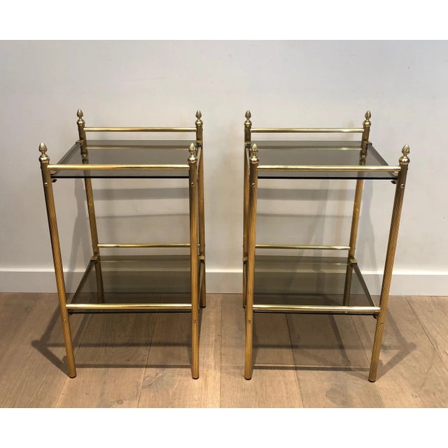 Metal Brass Side Tables with Smoked Glass Shelves In the style of Maison Janse - A Pair For Sale - Image 7 of 13