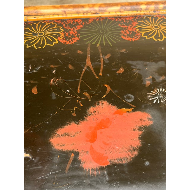 Antique Scorched Bamboo Chinoiserie Side Table With Hand-Painted Lacquer Top, Early 20th Century For Sale - Image 16 of 18