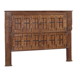 King Size Headboard Constructed From an Antique Carved Teakwood Door and Pillars For Sale