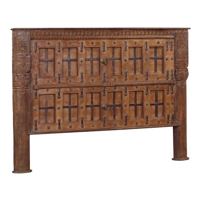 King Size Headboard Constructed From an Antique Carved Teakwood Door and Pillars For Sale