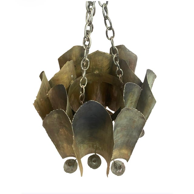 Tom Greene Brutalist Torch-Cut Patinated Brass Candle Lantern Chandelier Attributed to Tom Greene for Feldman Lighting c.1960s For Sale - Image 4 of 10