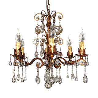 Antique Art Nouveau Gilded Metal and Murano Glass Drop Chandelier, 1920s For Sale