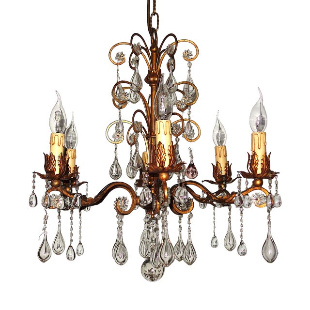 Antique Art Nouveau Gilded Metal and Murano Glass Drop Chandelier, 1920s For Sale