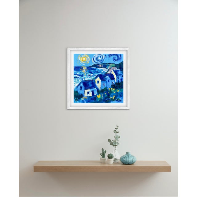 Blue Sunlight Over the Coastal Cottages, Original Oil Painting Seascape For Sale - Image 8 of 8