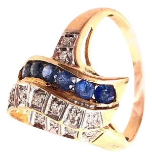 14 Karat Yellow and White Gold Blue Sapphire and Diamond Contemporary Ring, Size 6.5