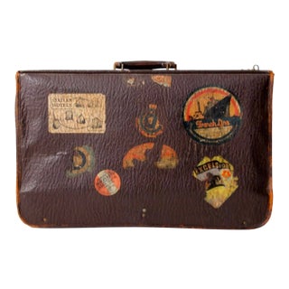 Antique Leather Suitcase With Travel Stickers Circa 1930s For Sale
