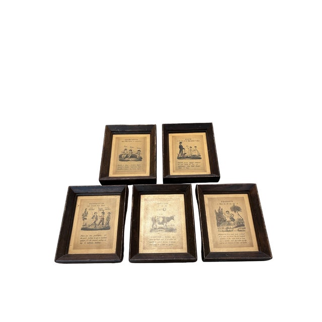 An utterly charming and rare set of five antique English copperplate engraving prints, each depicting an illustrated...
