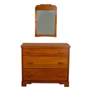 1930s to 1950s Transitional Solid Maple Gentleman’s Chest With Hand Carved Pulls and Wall Mirror For Sale