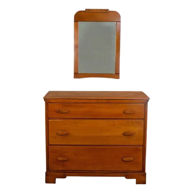1930s to 1950s Transitional Solid Maple Gentleman’s Chest With Hand Carved Pulls and Wall Mirror For Sale
