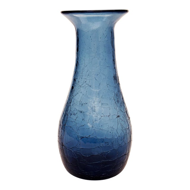 Cobalt Blue Crackle Hand-Blown Glass Vase by Blenko Glass Co. For Sale