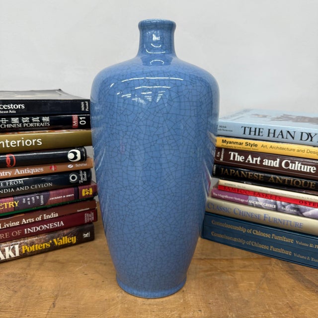 Early 20th Century Crackle Blue Glazed Ceramic Vase with Tapered Body For Sale - Image 5 of 8