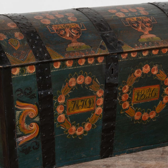 Original Hand Painted Teal Oak Dome Top Swedish Trunk Dated 1846 For Sale - Image 12 of 15