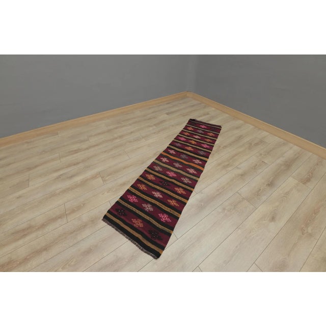1970s Rustic Burgundy Striped Cecim Kilim Rug For Sale - Image 4 of 13
