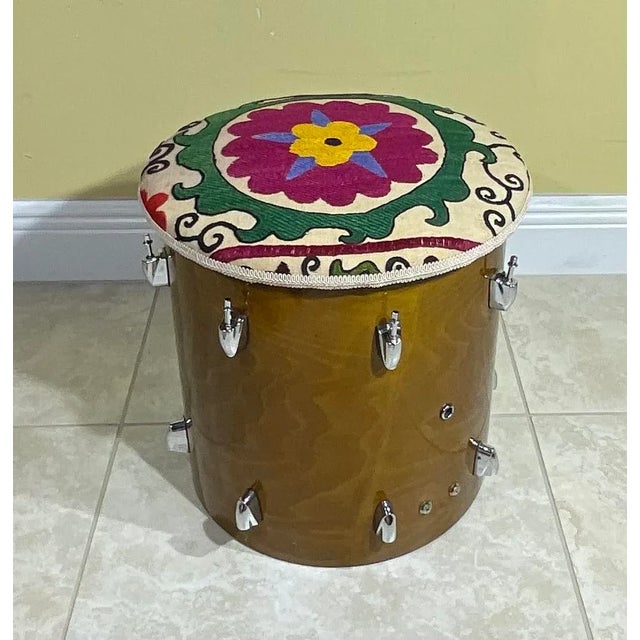 1980s Vintage Suzani Upholstered Drum Wood Stool For Sale - Image 5 of 13