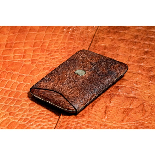 Art Deco Exotic Ostrich Leather Antique Cigar Case Holder Luxury Art Deco 14k Gold For Sale - Image 3 of 11